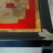 Particolare tavolo alto 70X140 cm. Struttura in ferro nero con ripiani in legno lamellare e resina. Utilizzabili fronte e retro.